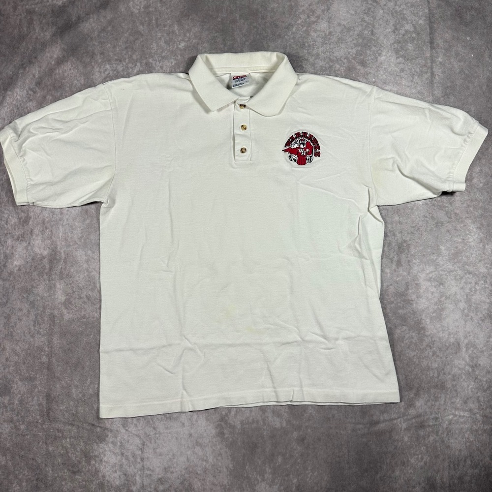 Vintage 90s Anvil Warhawks Polo Shirt Mens L White Cotton Made in USA Preppy